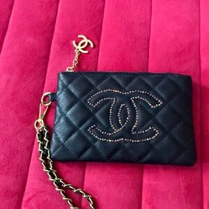 Quilted Black Wristlet with Gold Chain